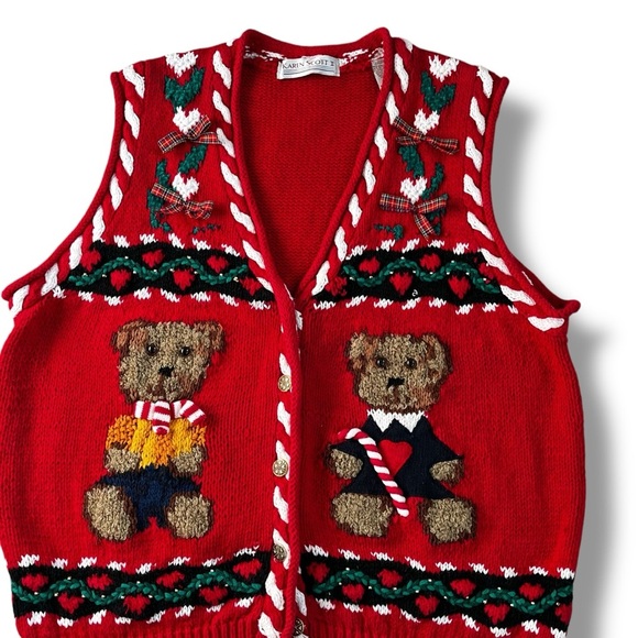Vintage 90s Karen Scott Christmas Sweater Vest Teddy Bears 3D Trims Red Size 1X - Picture 4 of 12